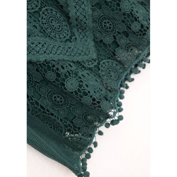 Tularosa Revolve Clayton Tunic Mini Dress L Hunter Green Pom Pom Trim Lace $210 - Picture 8 of 16